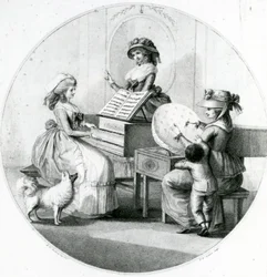 Empregos da manhã, três meninas novas com Spinet e Bordar